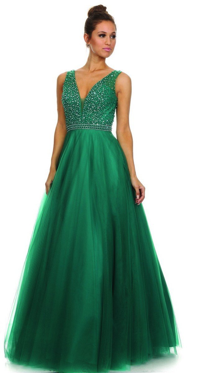 Nox Anabel - Embellished V-Neck Evening Gown 8219 - 1 pc Green In Size L Available