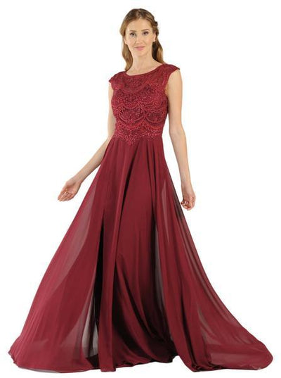 Poly USA - Cap Sleeve Embroidered Illusion Chiffon Gown 8254 In Red