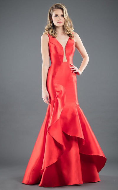 Rachel Allan Couture - 8286 Plunging V-neck Ruffled Mermaid Dress in Red