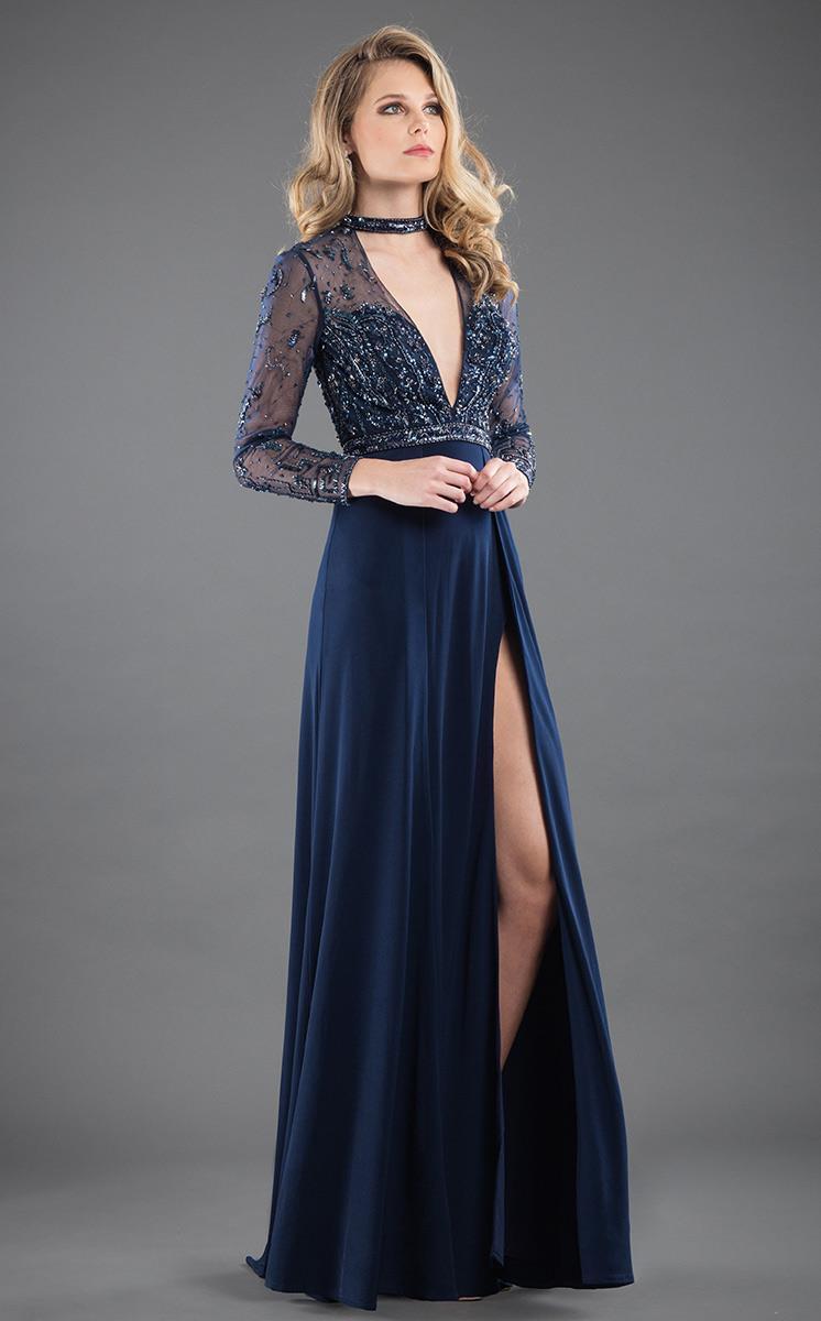 Rachel Allan Couture - 8285 Beaded Plunging Long Sleeve Gown in Blue