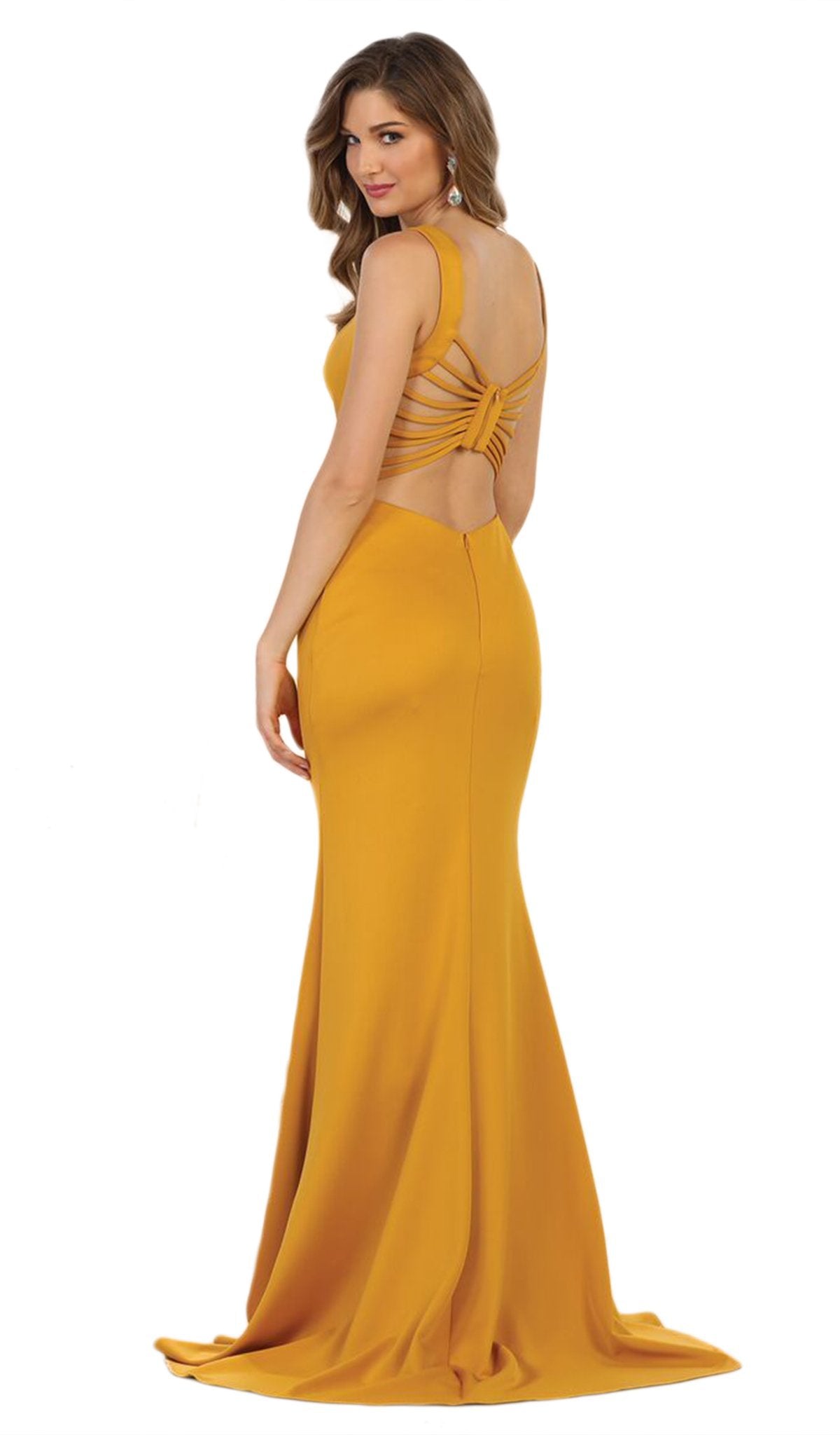 May Queen - MQ1560 Sleeveless Strappy Back Satin Evening Gown In Yellow