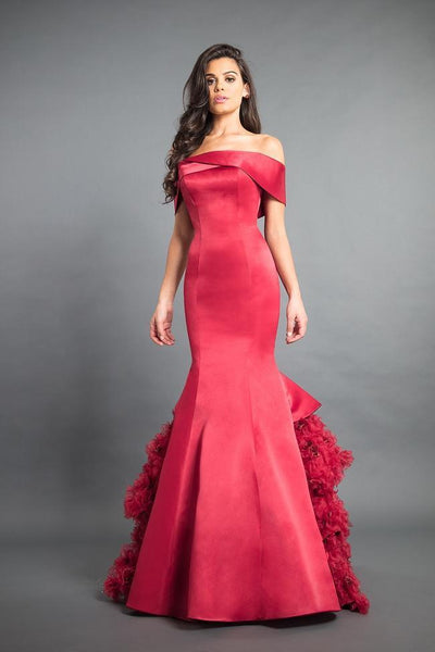 Rachel Allan - 8355 Satin Off-Shoulder Ruffled Mermaid Dress in Red