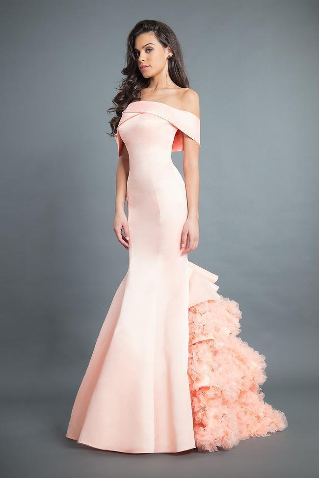 Rachel Allan - 8355 Satin Off-Shoulder Ruffled Mermaid Dress in Pink