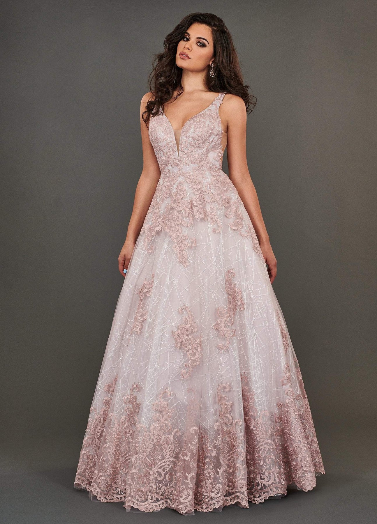 Rachel Allan Couture - 8375 Embroidered Deep V-neck Tulle Ballgown in Pink