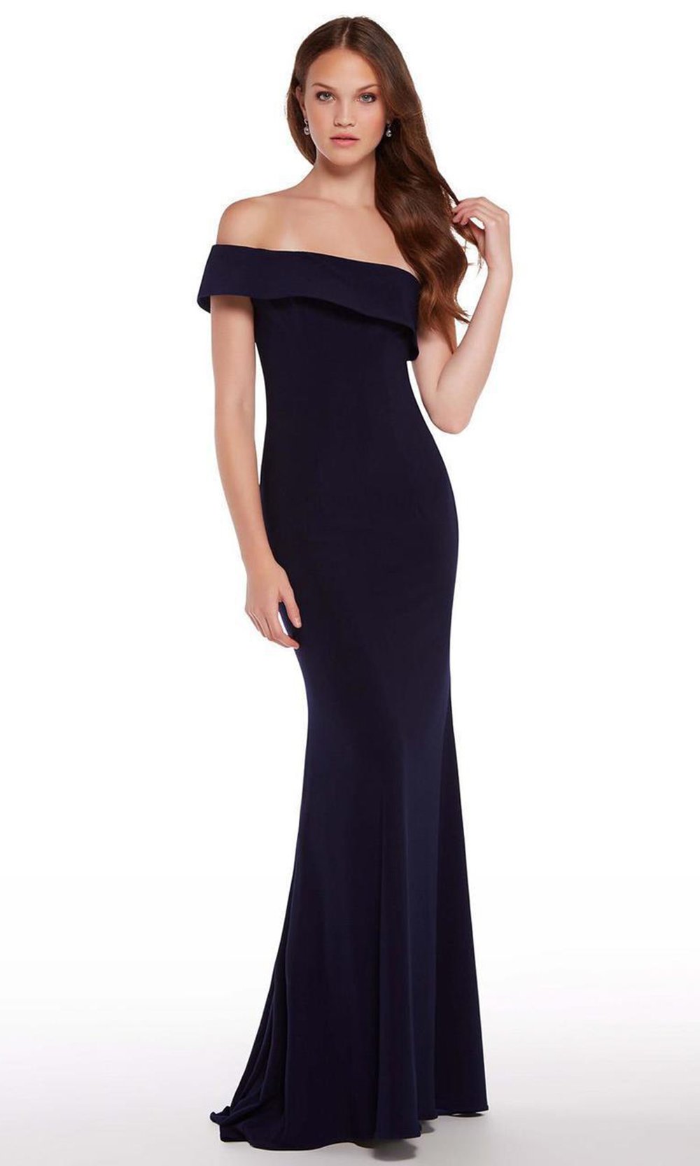 Alyce Paris - Modified Off Shoulder Long Sheath Gown 59997 In Blue