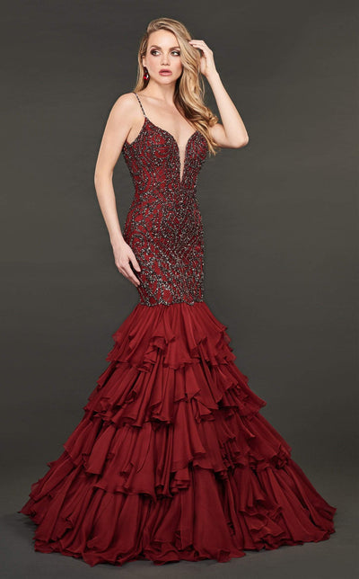Rachel Allan Couture - 8414 Embellished Deep V-neck Mermaid Dress In Red and Gray