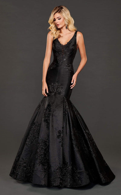 Rachel Allan Couture - 8417 Lace Appliqued Trumpet Evening Gown In Black and Gray