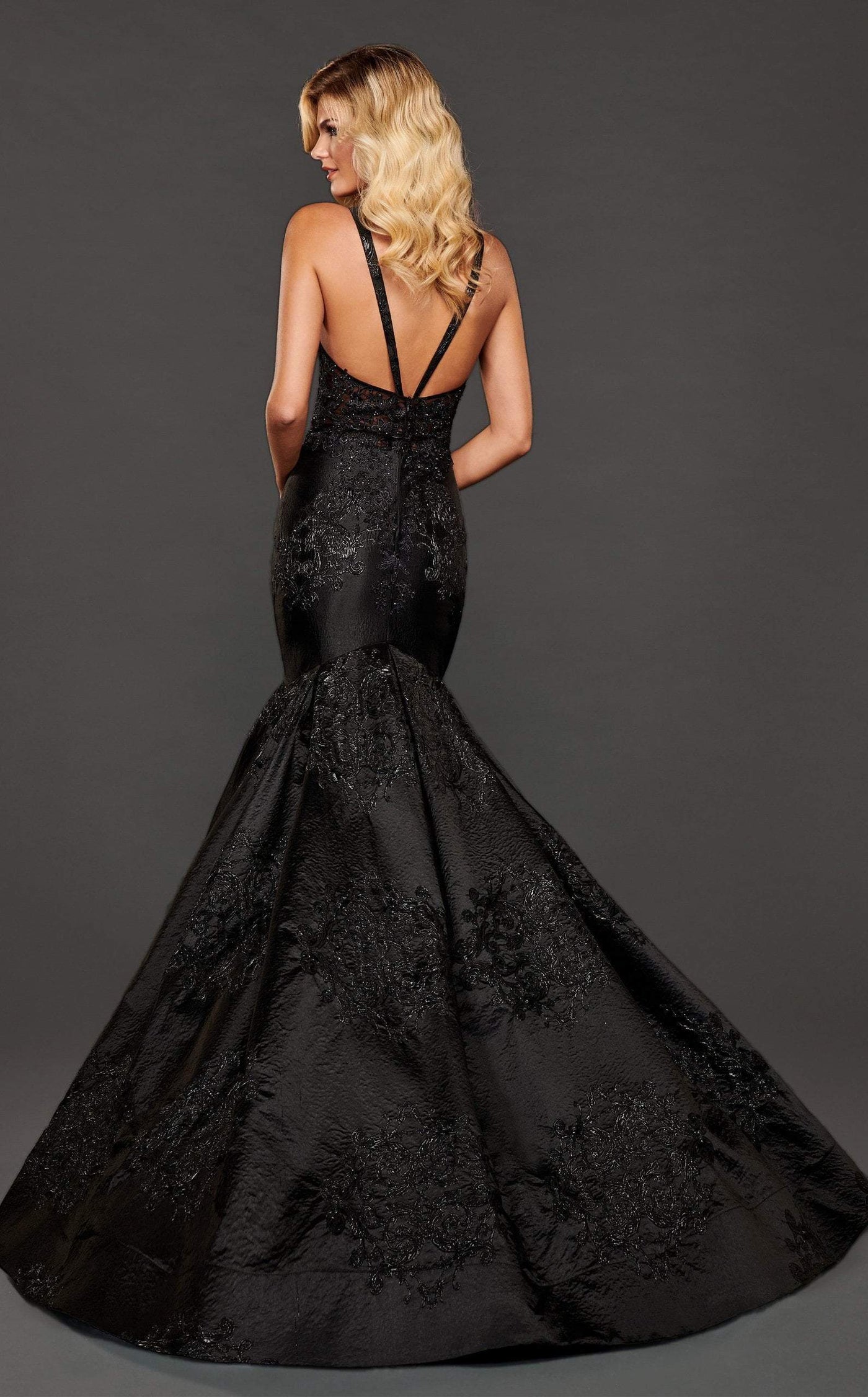 Rachel Allan Couture - 8417 Lace Appliqued Trumpet Evening Gown In Black and Gray