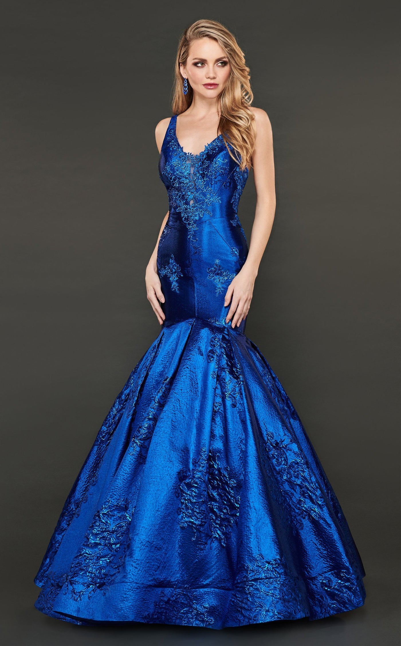 Rachel Allan Couture - 8417 Lace Appliqued Trumpet Evening Gown In Blue