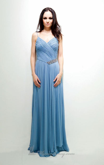 Decode 1.8 - 181489 Surplice Ruched V-Neck Jeweled Chiffon Gown in Blue