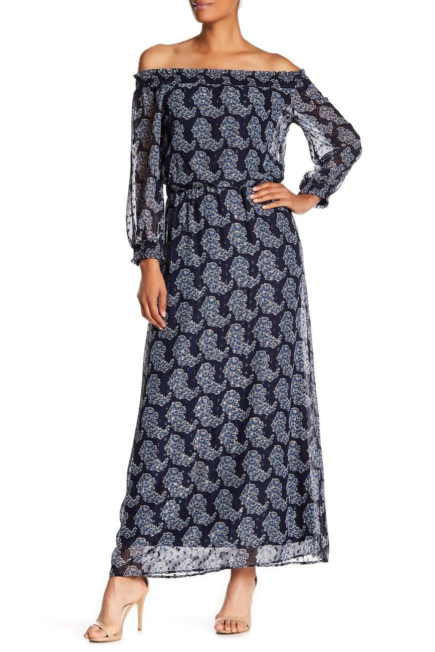 Taylor - 9604M Off Shoulder Printed Chiffon Maxi Dress In Blue and Gold
