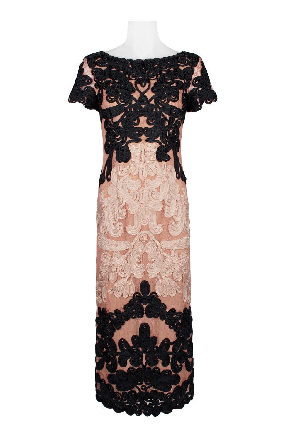JS Collections 865626 - Tea-Length Sheath Dress - Lace, Soutache Applique, Short Sleeve, V Back, Partially Lined (100% Polyester), Back Zipper Closure, Back Slit ADASA JS Collections 865626 - Tea-Length Sheath Dress - Lace, Soutache Applique, Short Sleeve, V Back, Partially Lined (100% Polyester), Back Zipper Closure, Back Slit ADASA