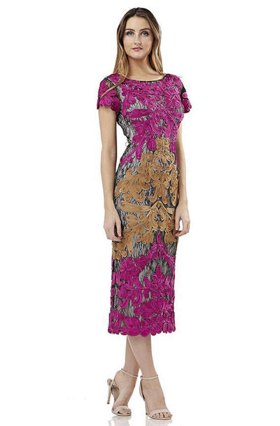 JS Collections - 865626 Short Sleeve Embroidered Soutache Lace Dress In Pink and Brown