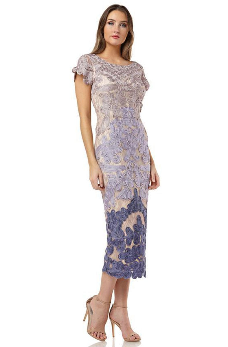 JS Collections 865626 - Tea-Length Sheath Dress - Lace, Soutache Applique, Short Sleeve, V Back, Partially Lined (100% Polyester), Back Zipper Closure, Back Slit ADASA JS Collections 865626 - Tea-Length Sheath Dress - Lace, Soutache Applique, Short Sleeve, V Back, Partially Lined (100% Polyester), Back Zipper Closure, Back Slit ADASA