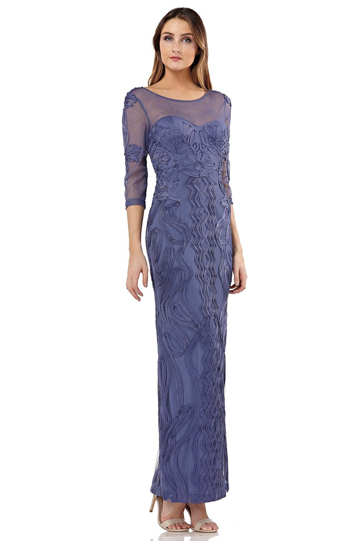JS Collections 86607 - Long Sheath Dress - Quarter Sleeves, Illusion Yoke, V-Open Back, Back Zipper Closure, Slit Back, Embroidered Soutache, Full Length Hem ADASA JS Collections 86607 - Long Sheath Dress - Quarter Sleeves, Illusion Yoke, V-Open Back, Back Zipper Closure, Slit Back, Embroidered Soutache, Full Length Hem ADASA