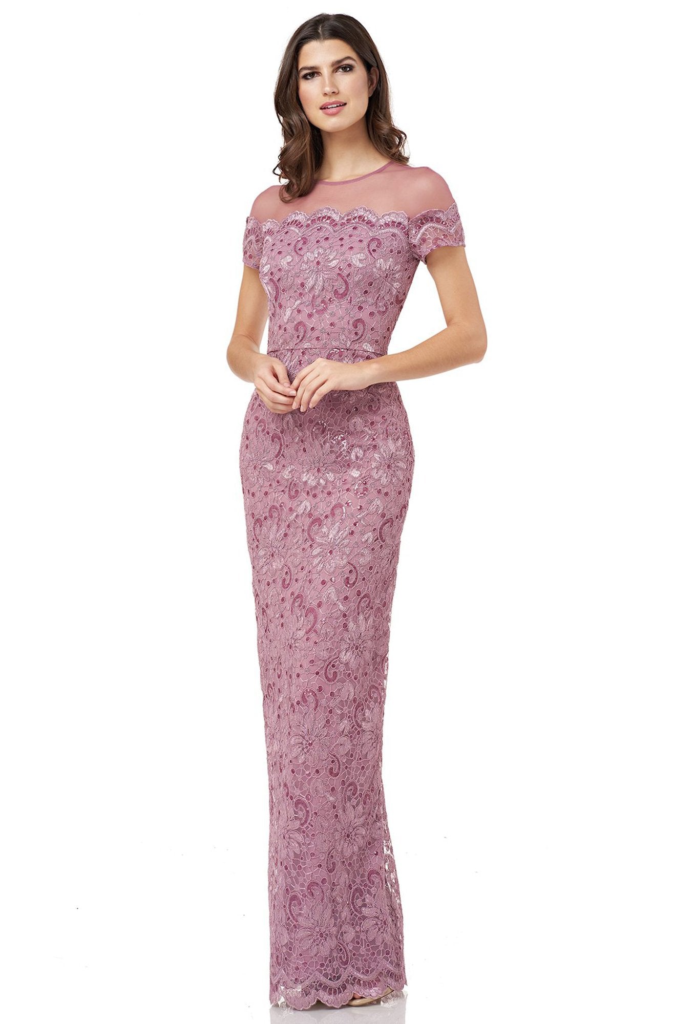 JS Collections - 866648 Illusion Floral Lace Embroidered Mesh Dress In Pink