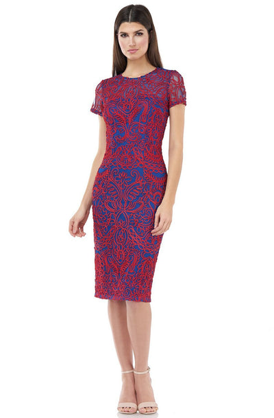 JS Collections - 866902 Embroidered Jewel Cocktail Dress In Red and Blue