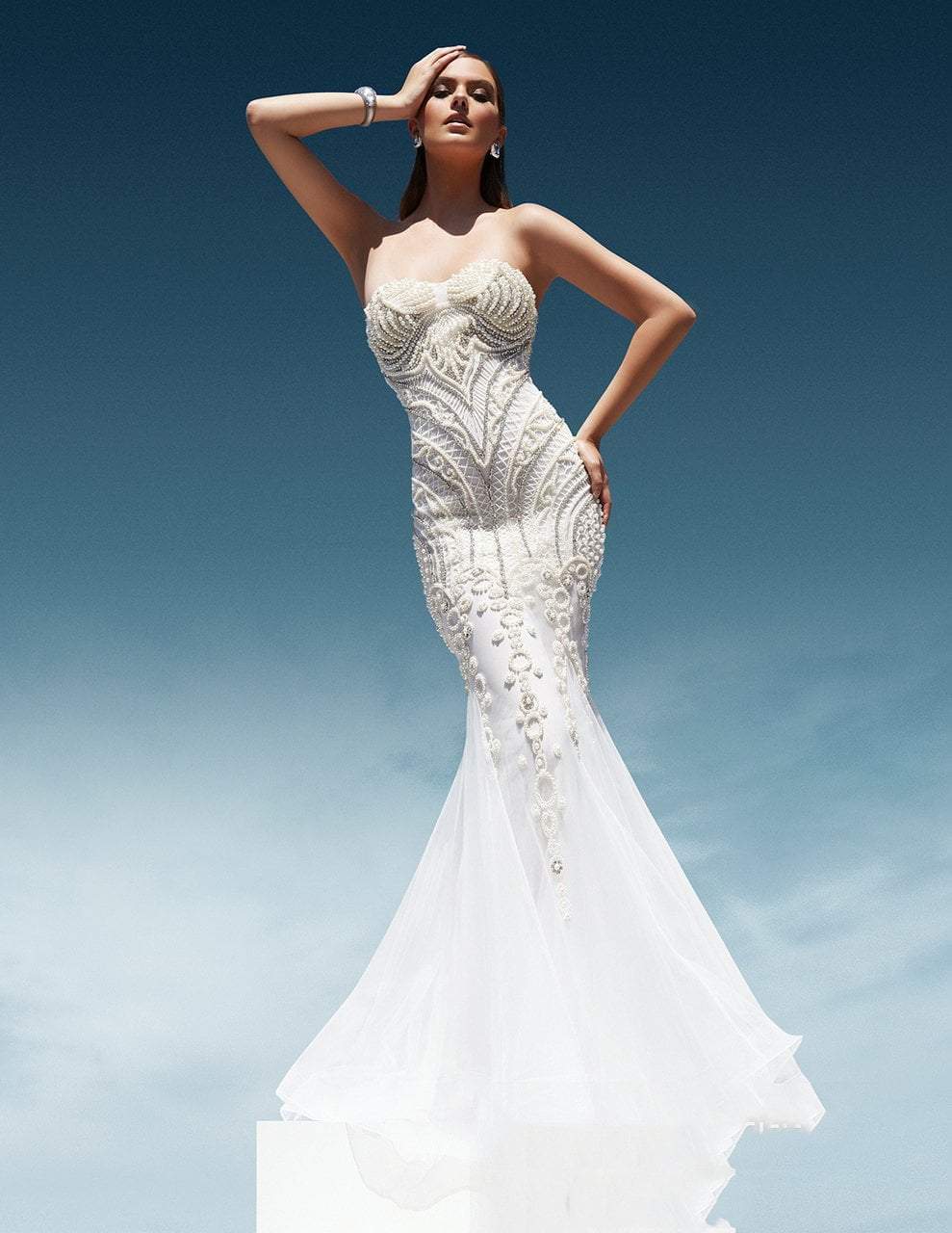 Terani Couture - Pearl Crusted Sweetheart Mermaid Gown 1611GL0463A In White