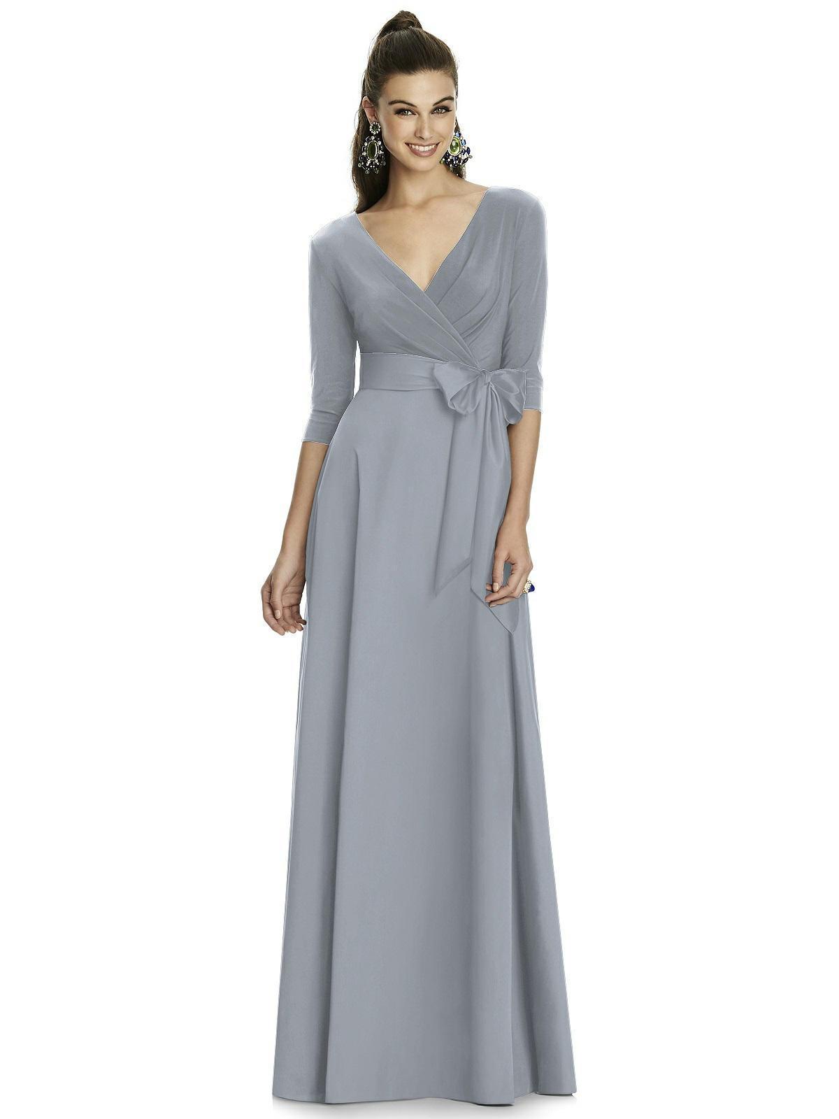 Alfred Sung - D736 Quarter Sleeve V Neck Long Formal Dress with Sash In Silver and Gray