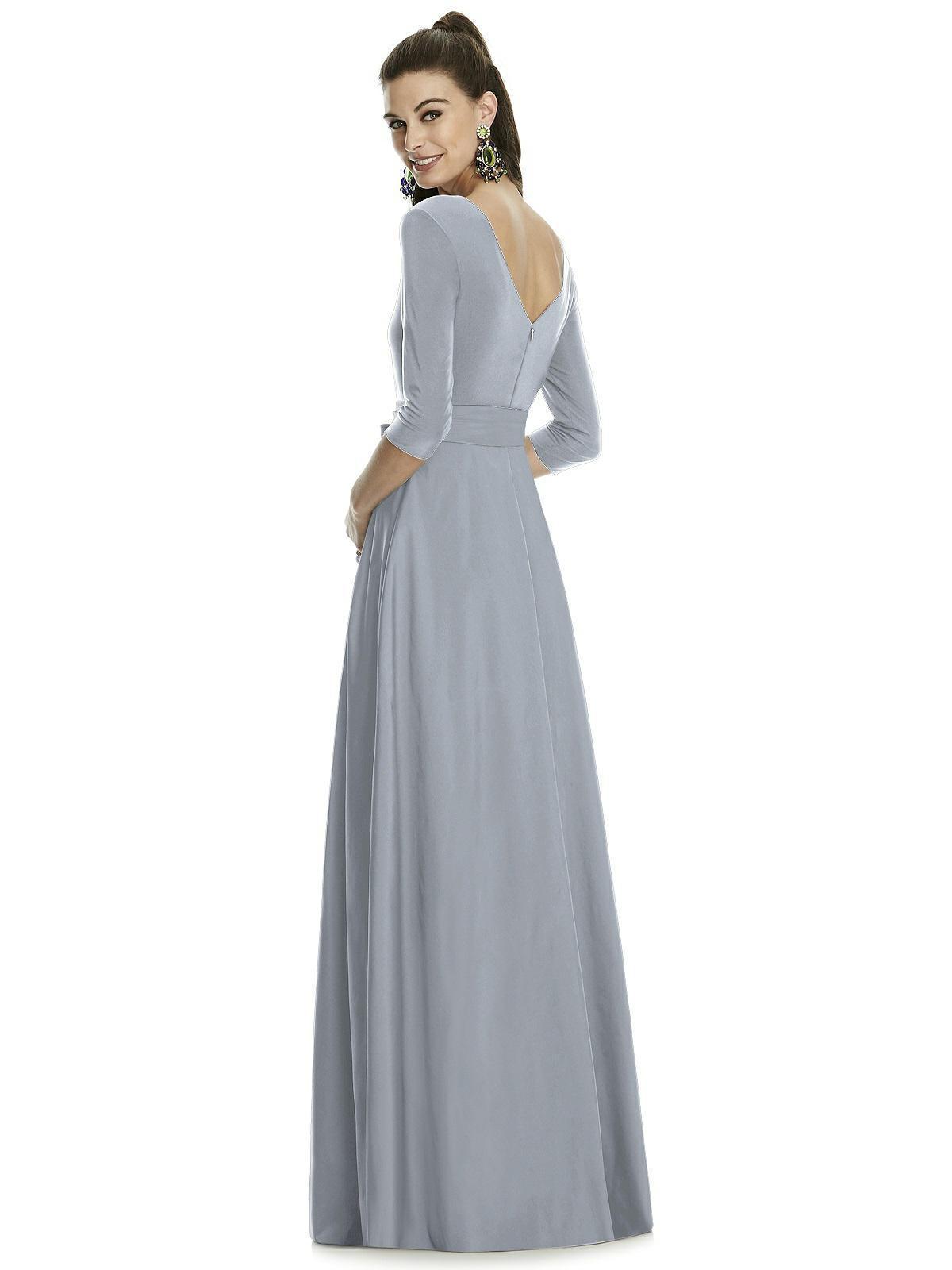Alfred Sung - D736 Quarter Sleeve V Neck Long Formal Dress with Sash In Silver and Gray