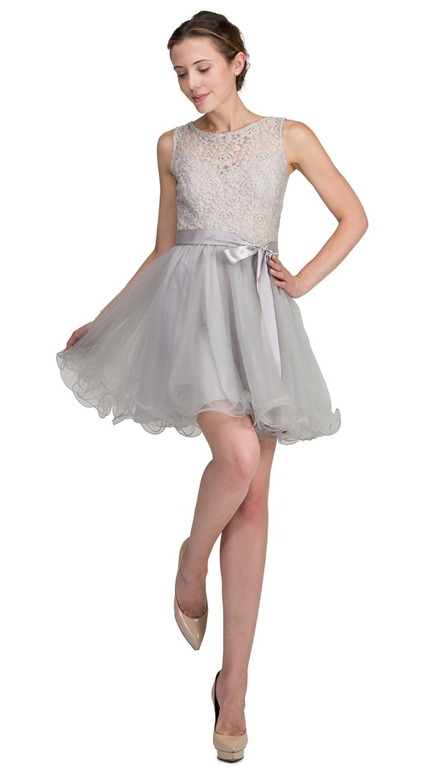 Dancing Queen - Sleeveless Lacy Illusion Short Cocktail Dress 8741 In Silver