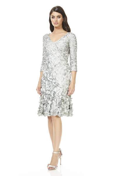 Theia - Quarter Sleeve Petal Ornate A-Line Cocktail Dress 883099 In Gray