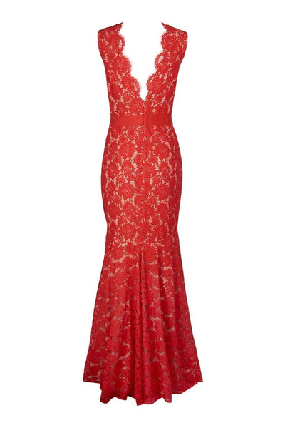 Theia - 883183 Floral Lace Scalloped V-neck Trumpet Dress in Red and Neutral