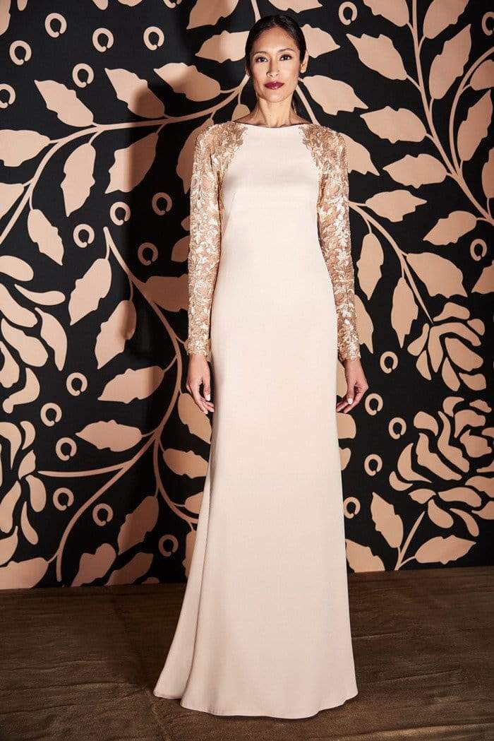 Tadashi Shoji - Sheer Lace Long Sleeve Long Crepe Gown Mother of the Bride Dresses 0 / Champagne