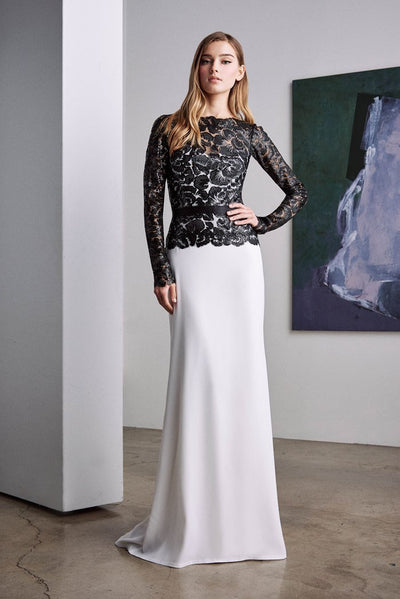 Tadashi Shoji - Floral Lace Illusion Sheath Long Gown In Black and White