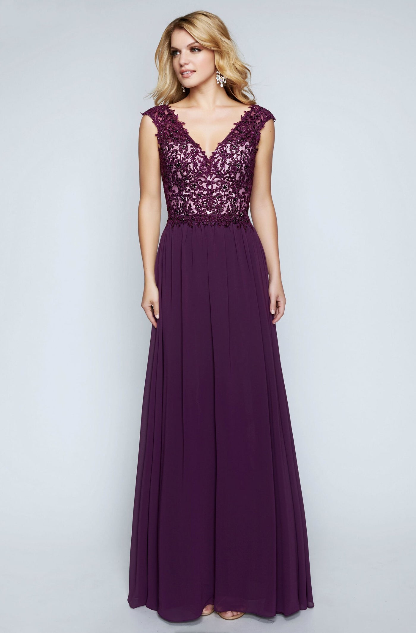Nina Canacci - 1449 Embellished Lace Bodice A Line Gown in Plum