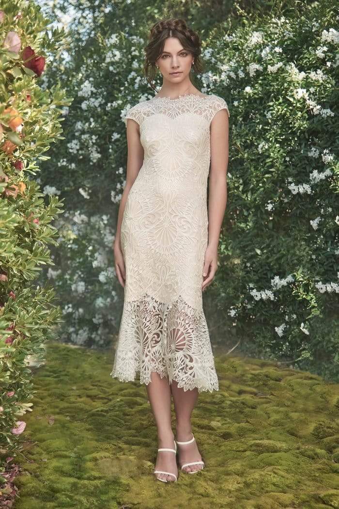 Tadashi Shoji - Embroidered Bateau Tea Length Dress In White