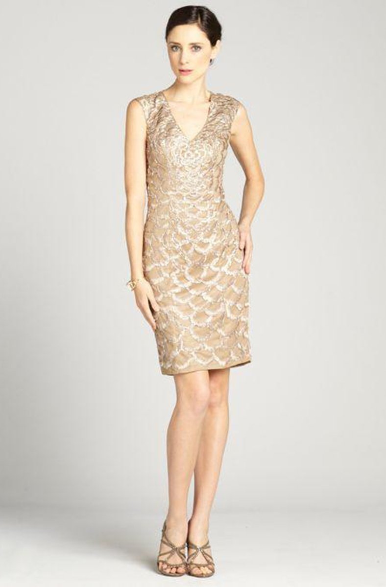 Sue Wong N2330 - Short Sheath Dress - Cap Sleeves, Scallop Motif Design, Beaded, Embroidered, Cutout Back, Back Zipper Closure, 0 / Beige Sue Wong N2330 - Short Sheath Dress - Cap Sleeves, Scallop Motif Design, Beaded, Embroidered, Cutout Back, Back Zipper Closure, 0 / Beige