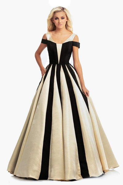 Johnathan Kayne - 9000 Two Tone V-neck Pleated Ballgown In Black and Gold