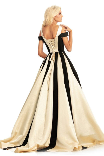 Johnathan Kayne - 9000 Two Tone V-neck Pleated Ballgown In Black and Gold
