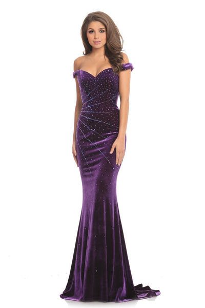 Johnathan Kayne - 9011 Radiantly Beaded Off Shoulder Velvet Gown In Purple