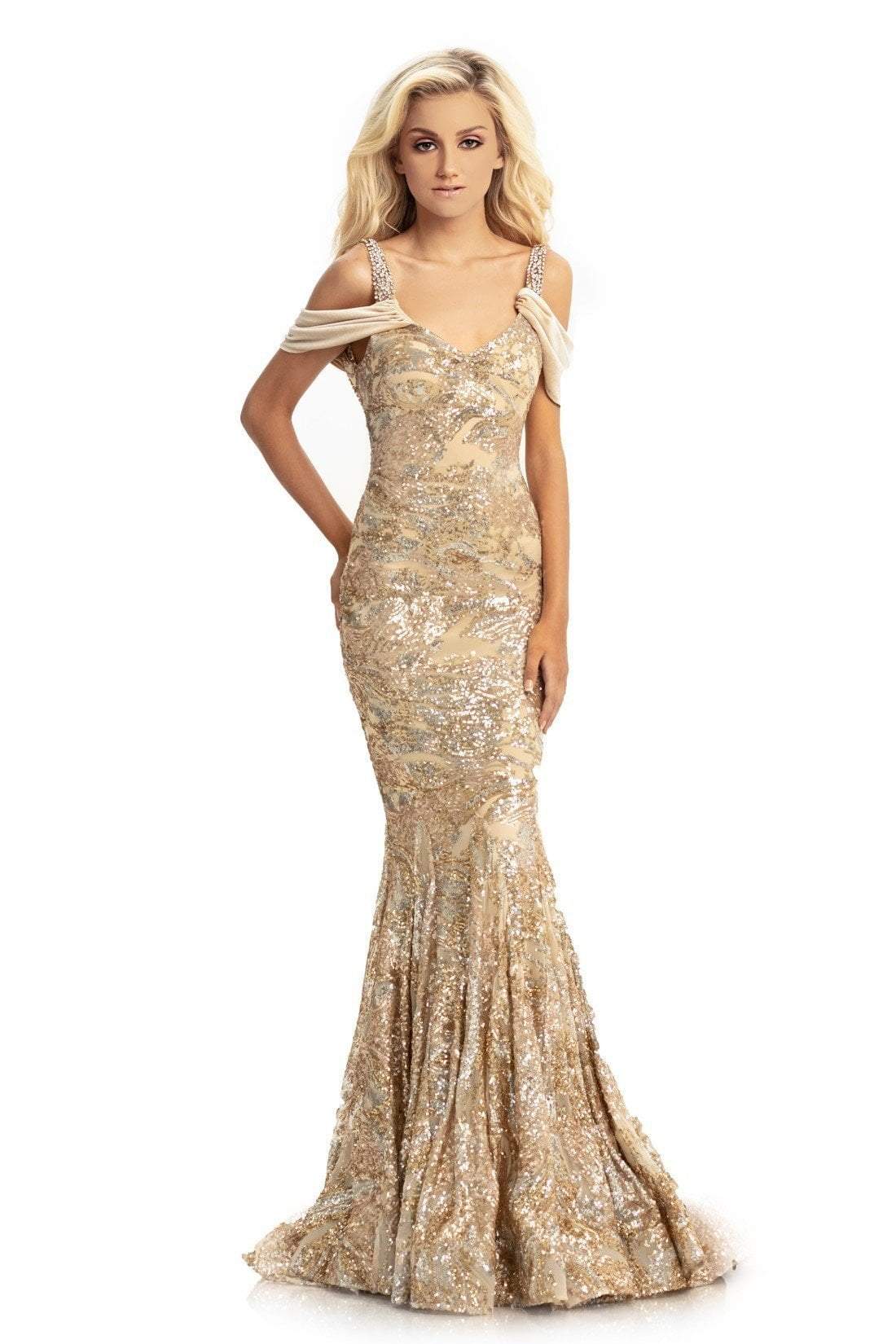 Johnathan Kayne - 9013 Sequined Velvet Draped Mermaid Gown In Neutral and Gold