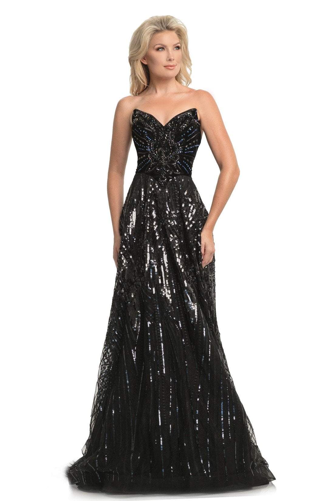 Johnathan Kayne - 9014 Strapless V-Neck Sequined A-Line Gown In Black