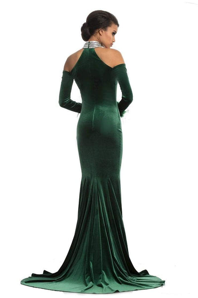 Johnathan Kayne - 9015 Crystal Embellished High Velvet Mermaid Gown In Green