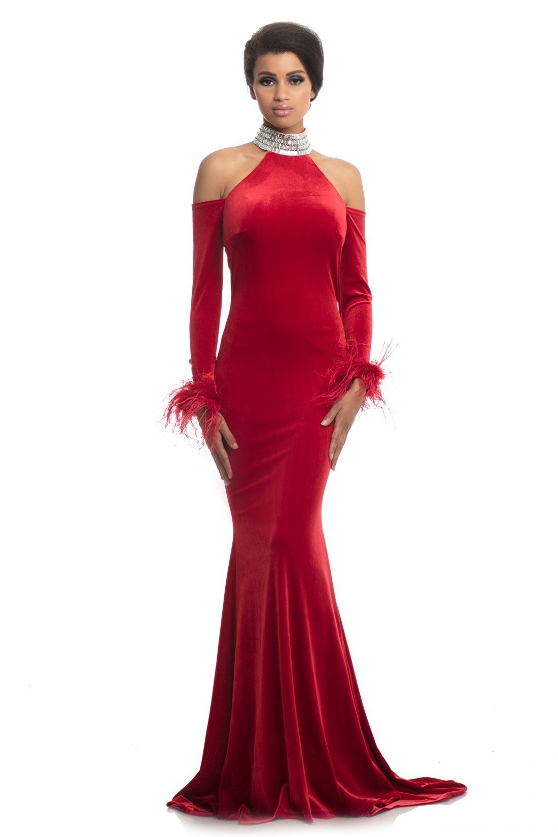 Johnathan Kayne - 9015 Crystal Embellished High Velvet Mermaid Gown In Red