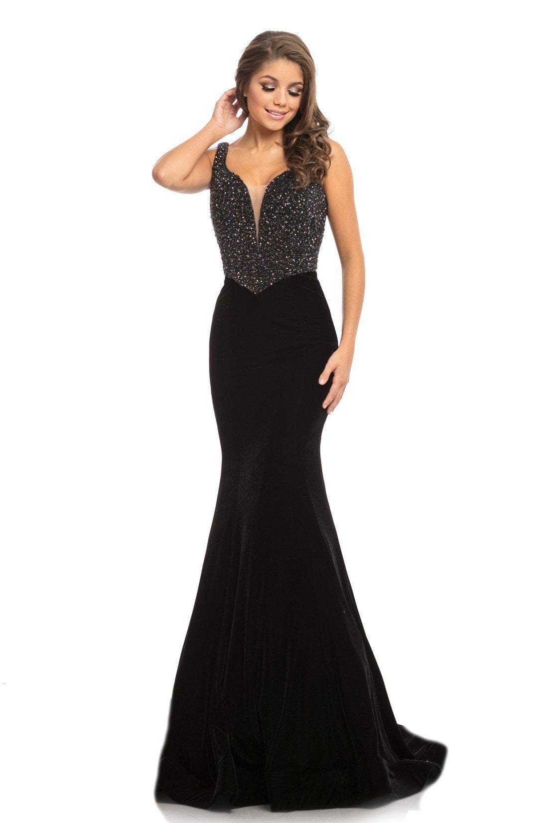Johnathan Kayne - 9019 Fully Studded Bodice Velvet Mermaid Gown In Black