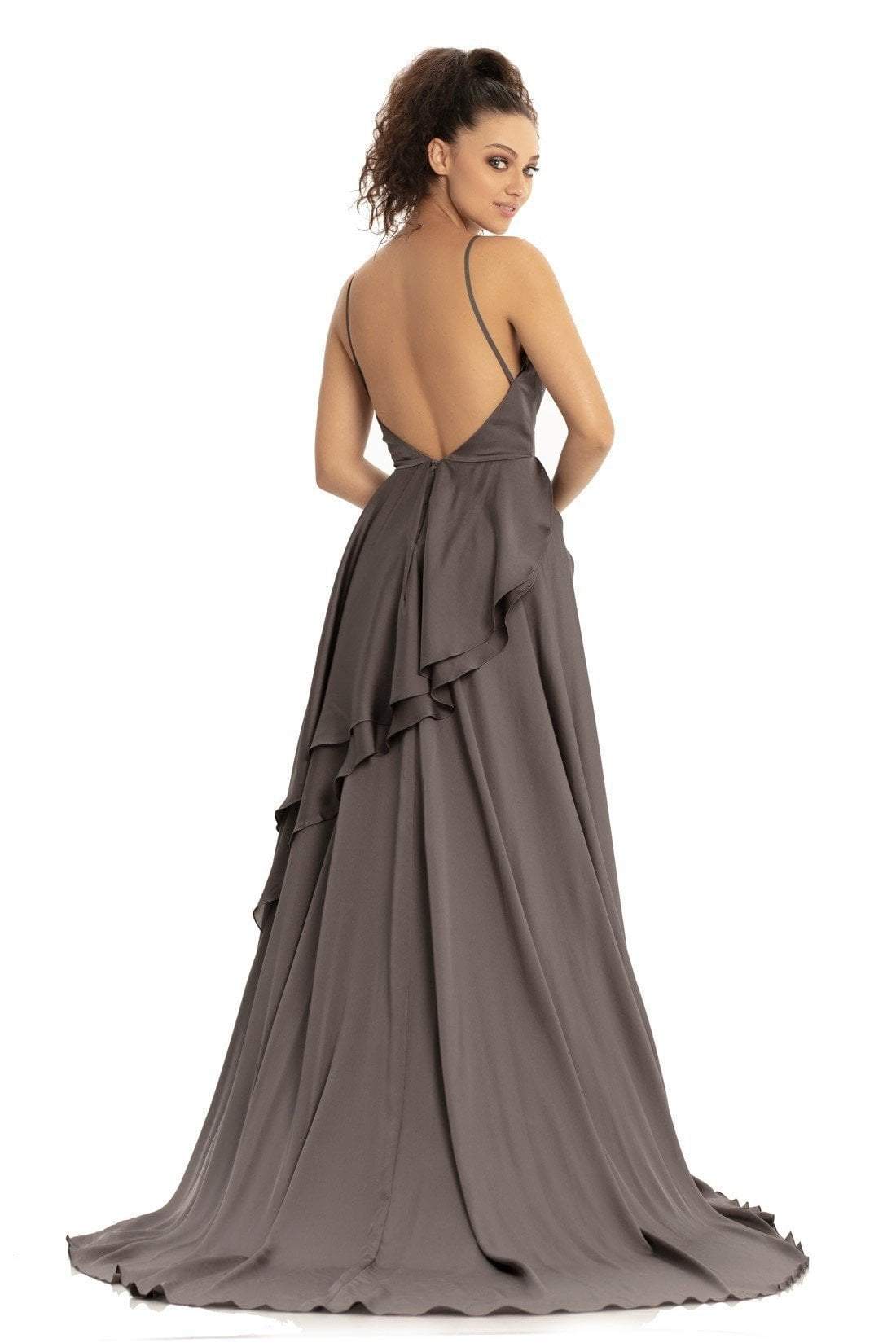 Johnathan Kayne - 9033 Sleeveless Drape Skirt Charmeuse Evening Gown In Gray and Brown