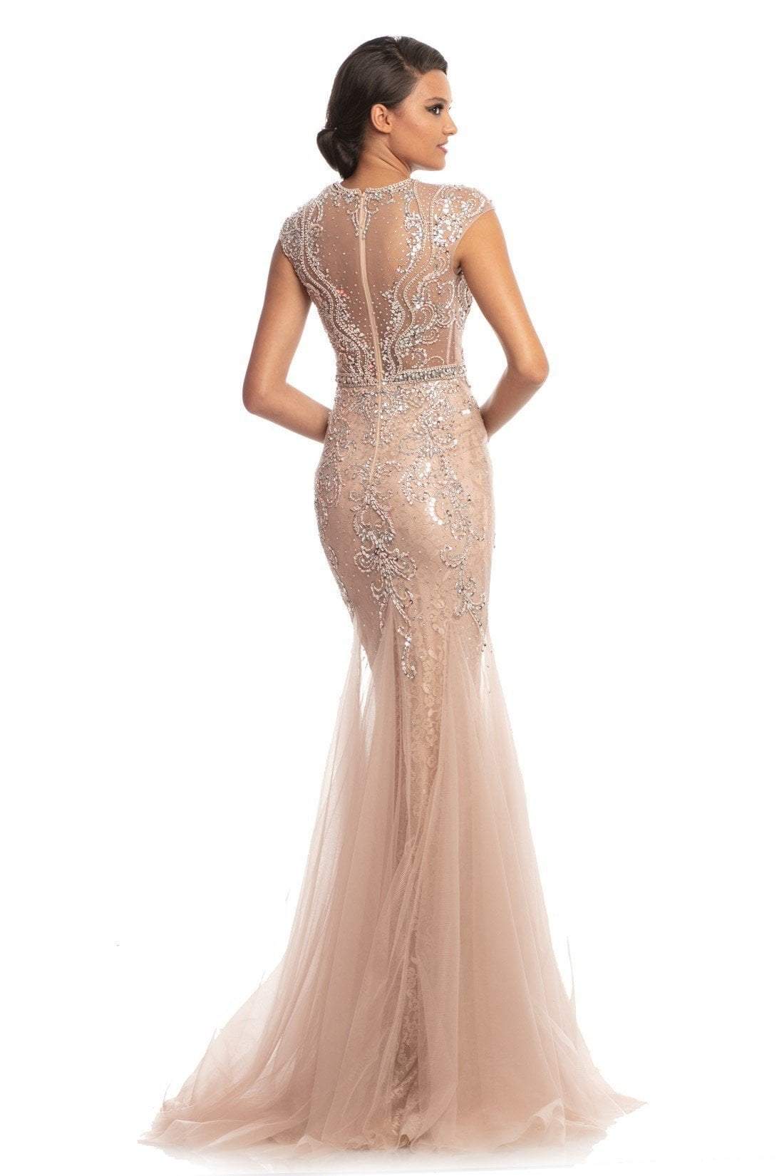 Johnathan Kayne - 9039 Jeweled Cap Sleeve Illusion Gown In Pink