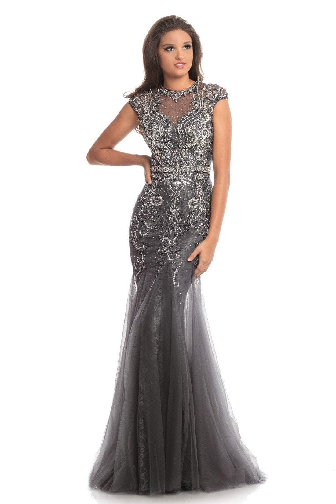 Johnathan Kayne - 9039 Jeweled Cap Sleeve Illusion Gown In Gray