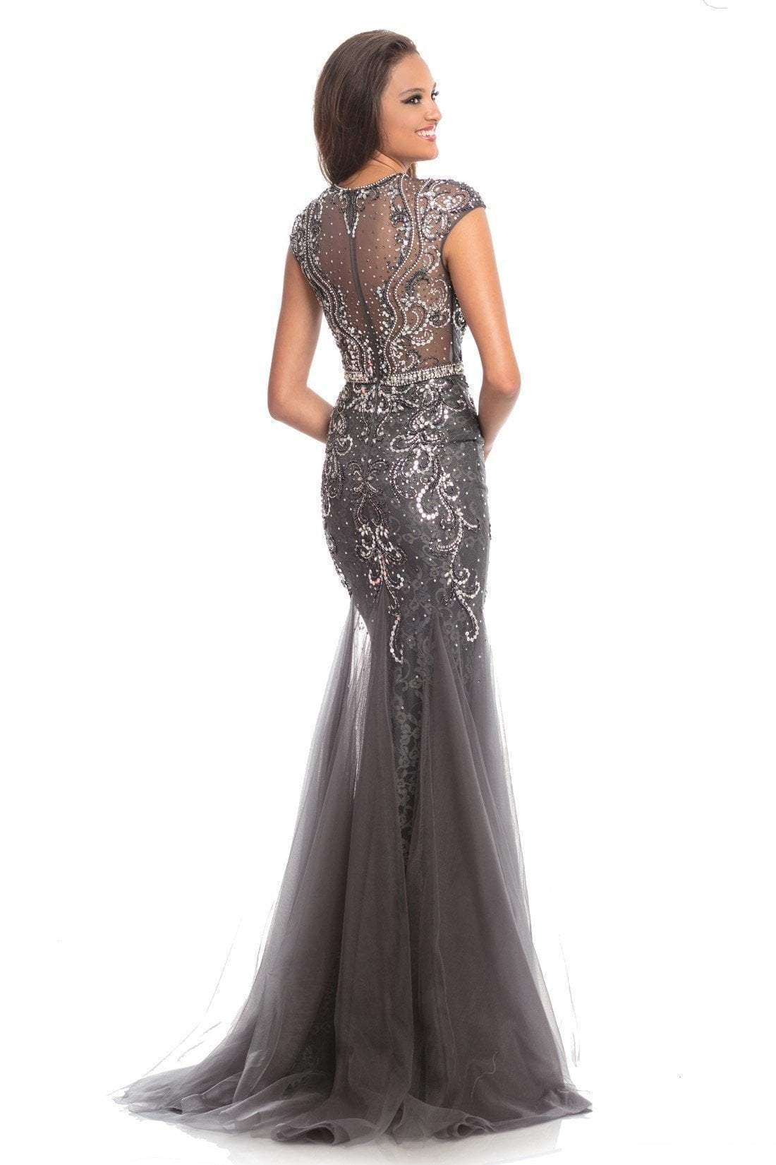 Johnathan Kayne - 9039 Jeweled Cap Sleeve Illusion Gown In Gray