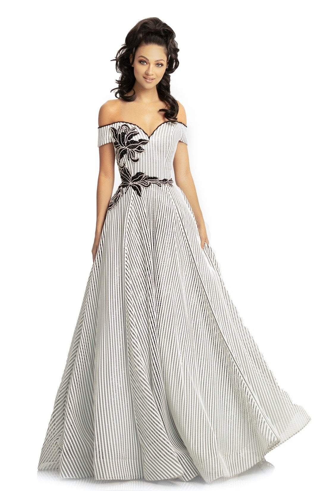 Johnathan Kayne - 9048 Pinstripe Sequined Off-Shoulder Ballgown In Black and White