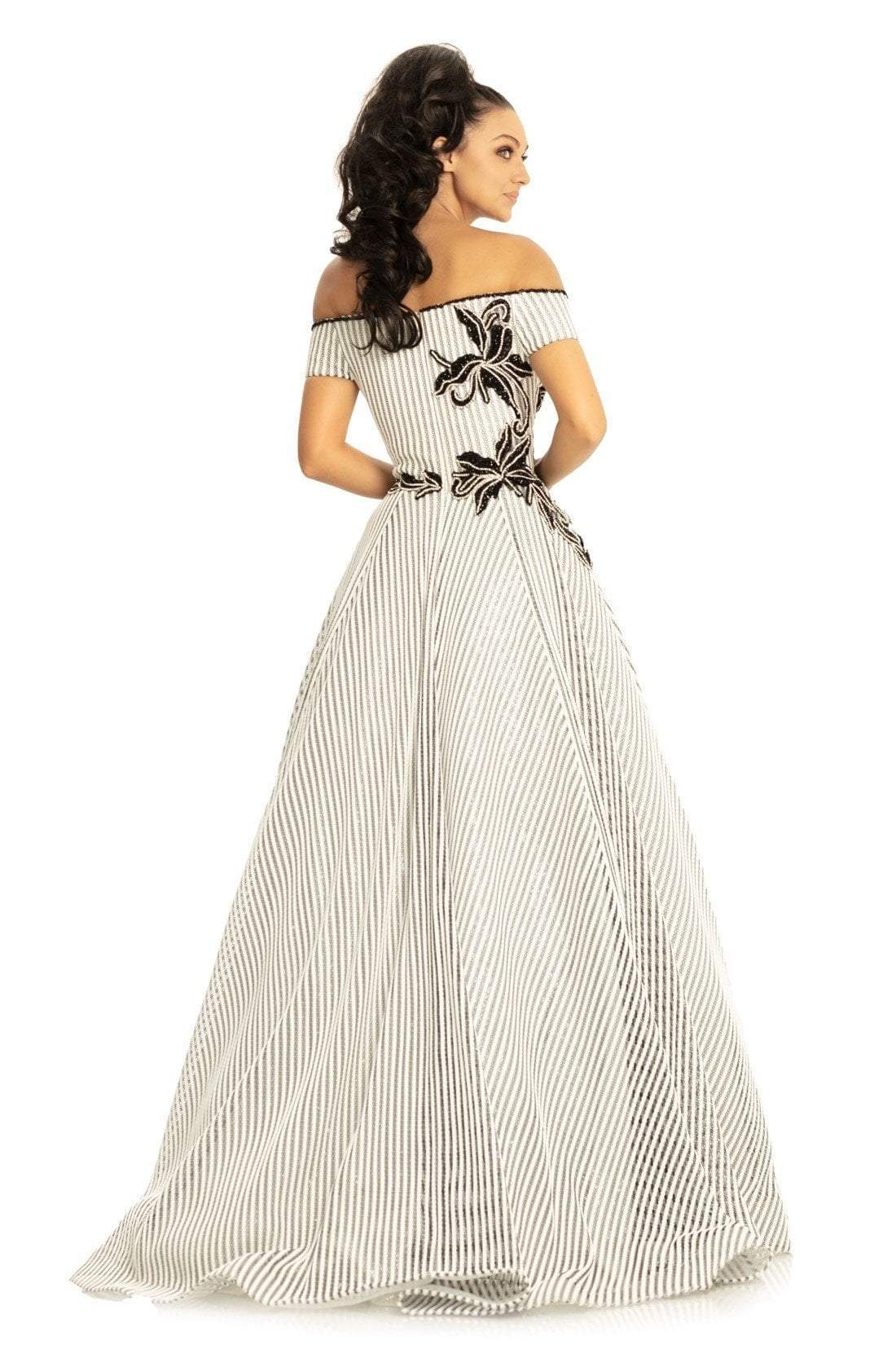 Johnathan Kayne - 9048 Pinstripe Sequined Off-Shoulder Ballgown In Black and White