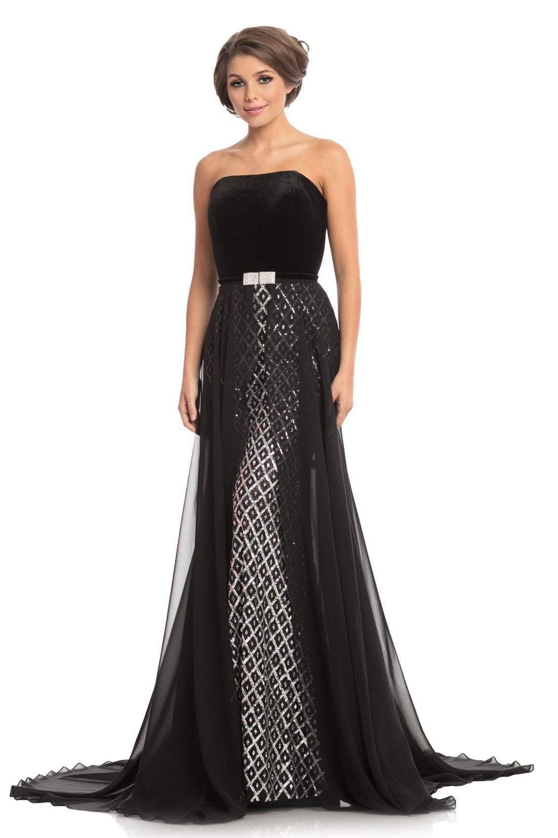 Johnathan Kayne - 9053 Embellished Trumpet Dress With Overskirt In Black and Silver