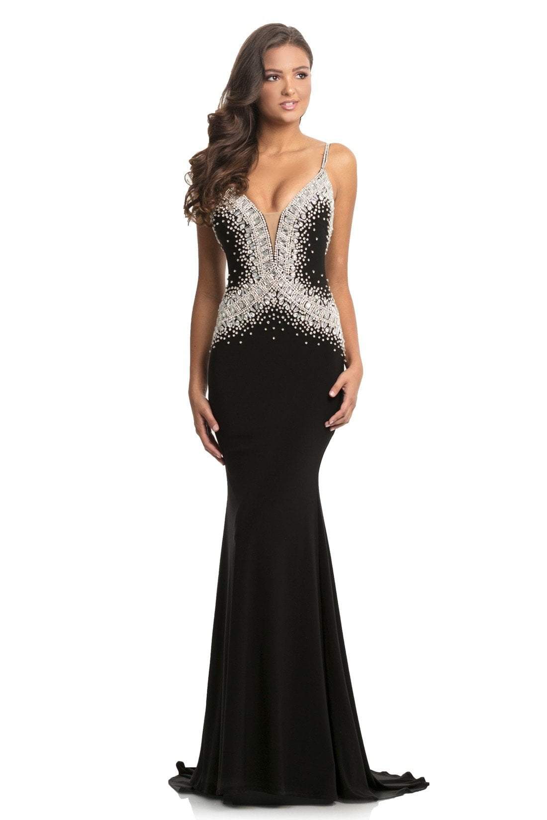 Johnathan Kayne - 9060 Bejeweled Deep V-neck Trumpet Dress In Black