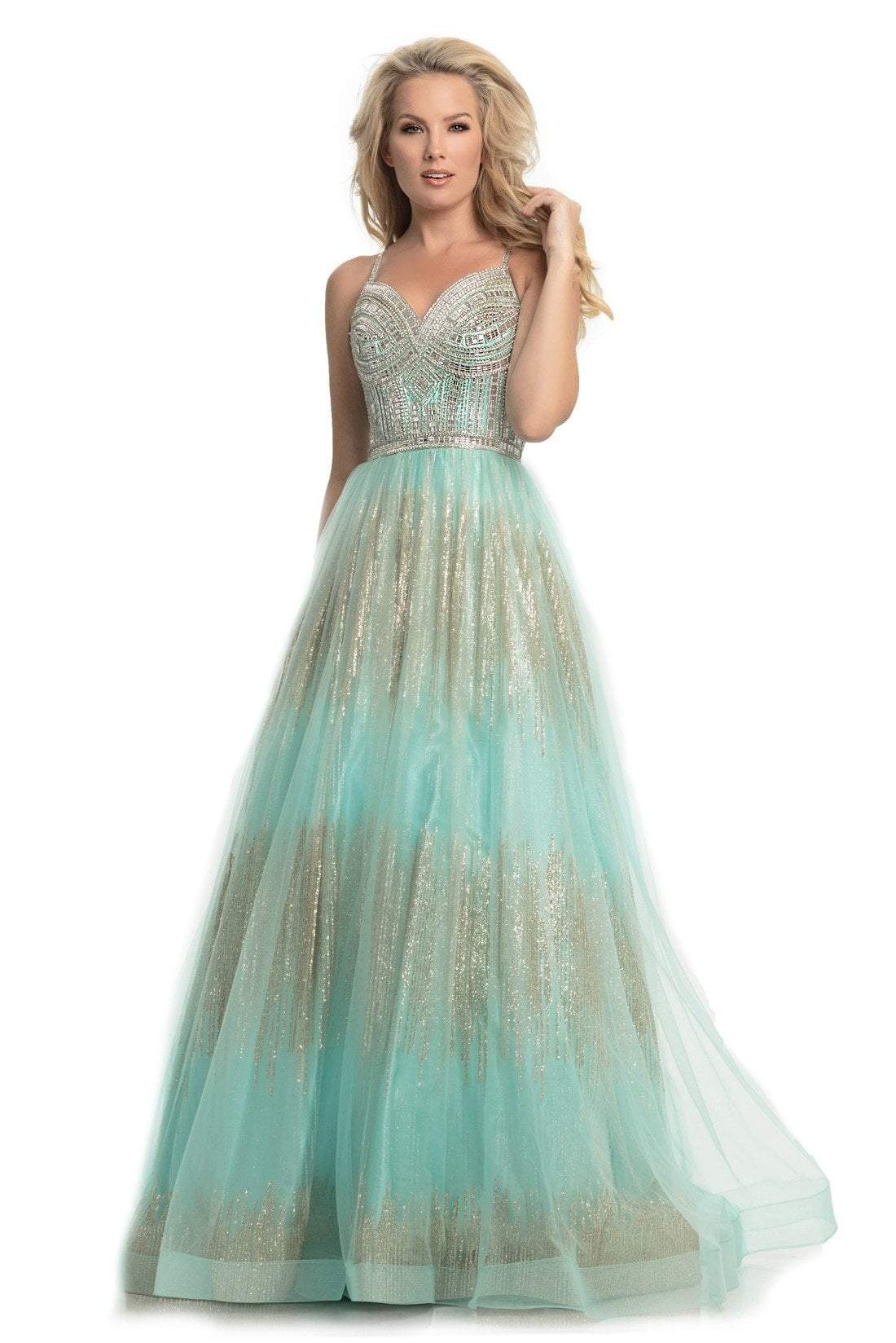 Johnathan Kayne - 9067 Sleeveless Sparkly Glitter Mesh A-Line Gown In Green and Gold
