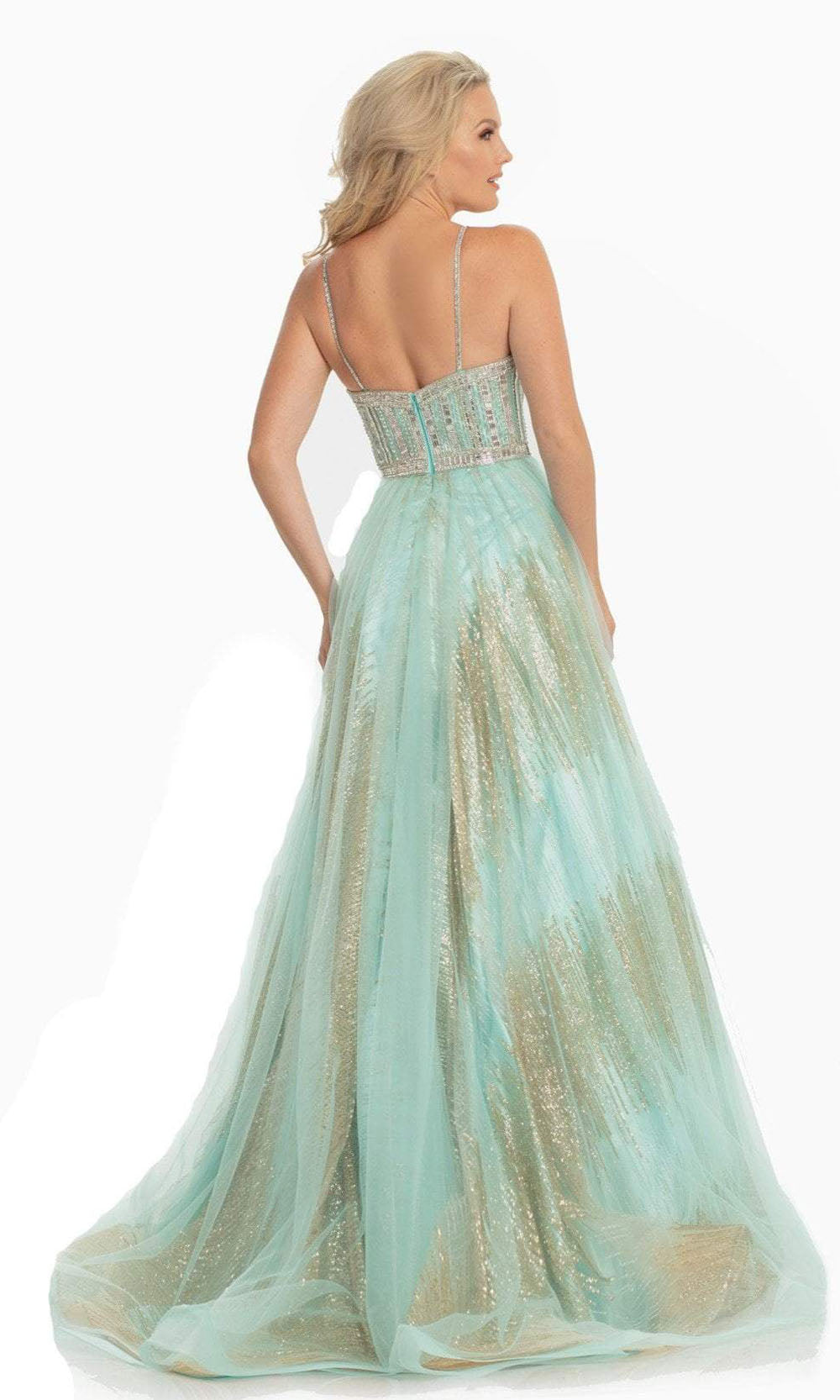 Johnathan Kayne - Spaghetti Strap Glitter Mesh A-Line Gown 9067 - 1 pc Aqua In Size 14 Available CCSALE 14 / Aqua